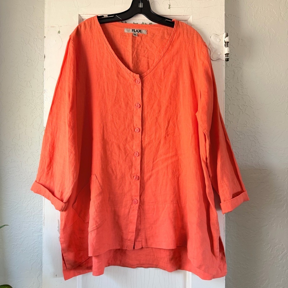 FLAX 100% Linen Button Front Tunic Top Orange Coral Size M Oversized Pockets
